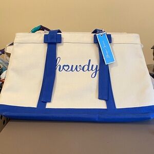 DRAPER JAMES Large Howdy Canvas Tote Bag with Blue Trim